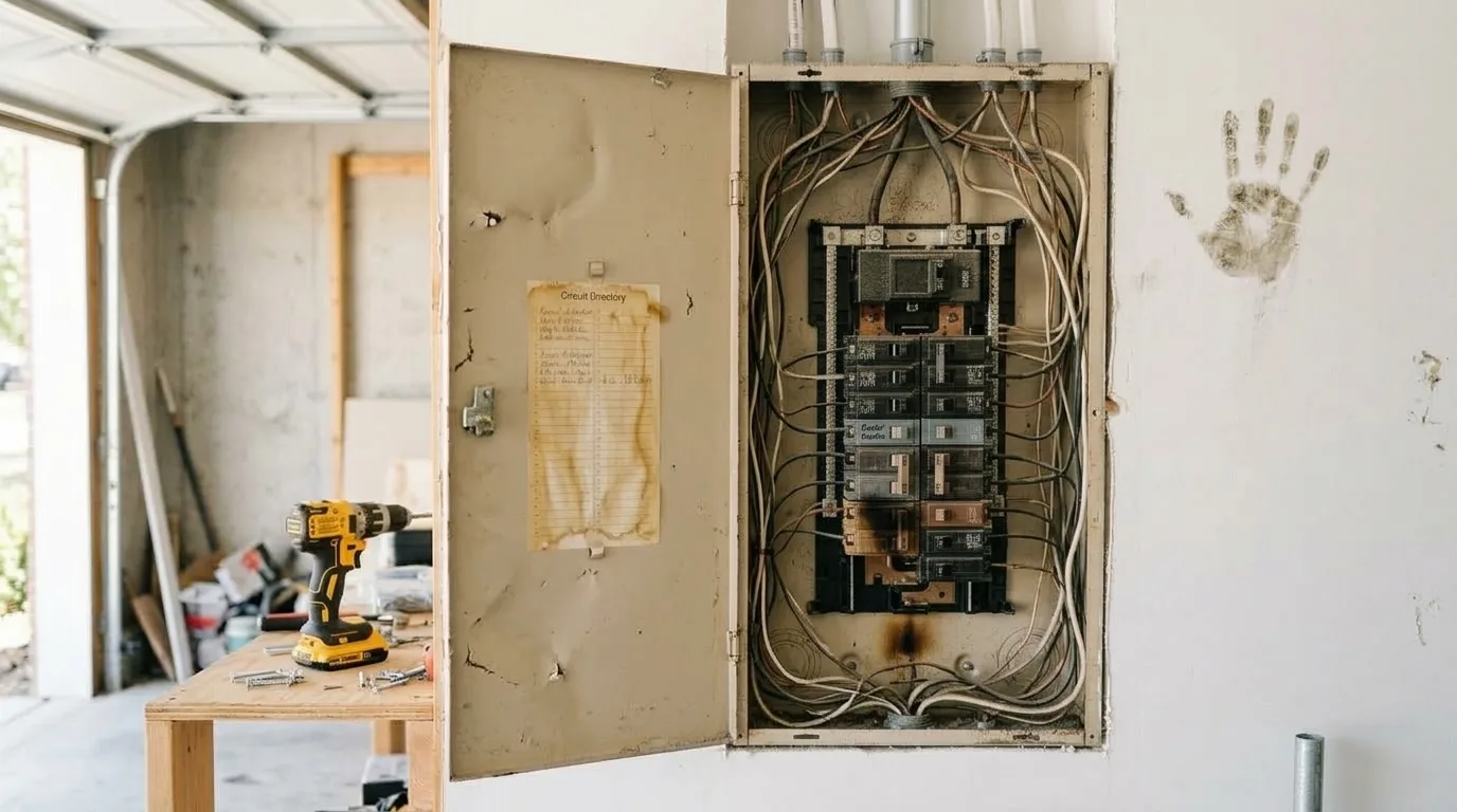 The same garage wall with an old dented beige breaker box