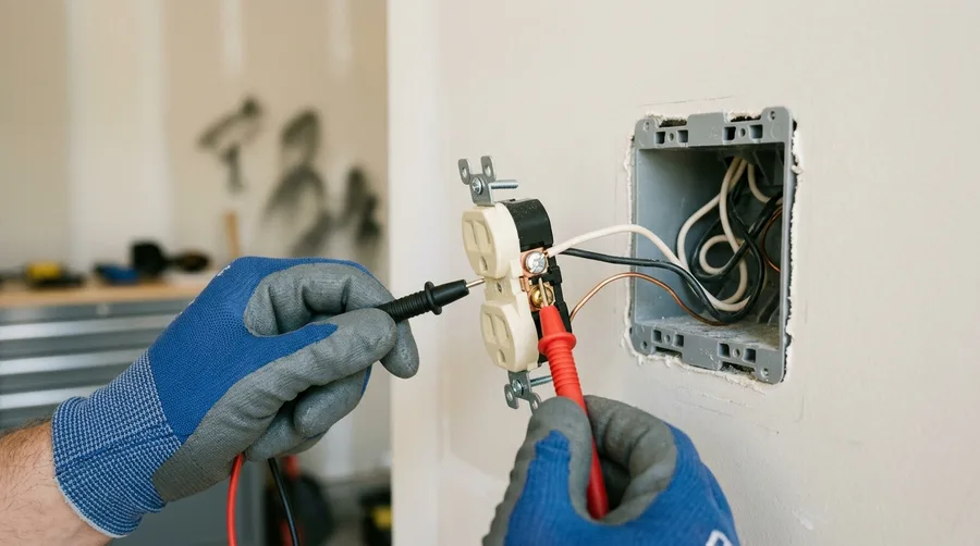 Multimeter probes held to the terminals of a pulled outlet