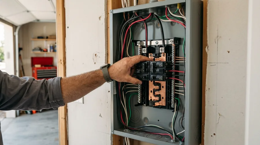A new gray 200A panel mid-install, cover off