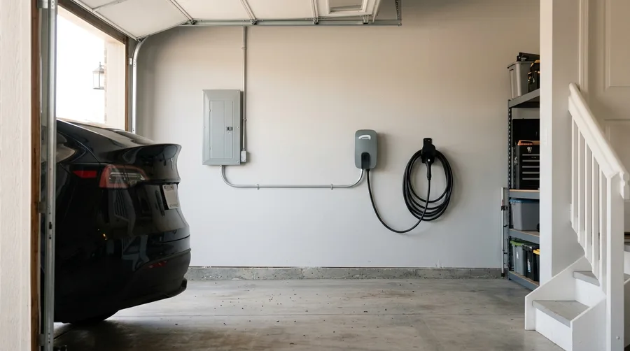 A clean garage with a wall-mounted EV charger and coiled cable