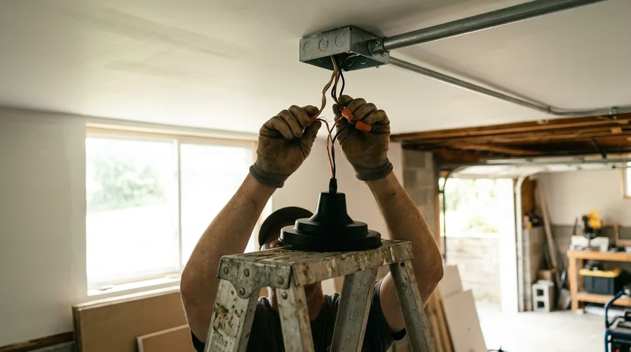 Hands connecting a black pendant fixture to a ceiling box