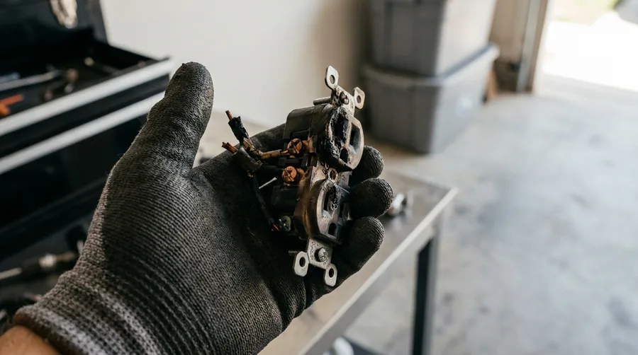 A scorched, removed outlet in an insulated gloved palm