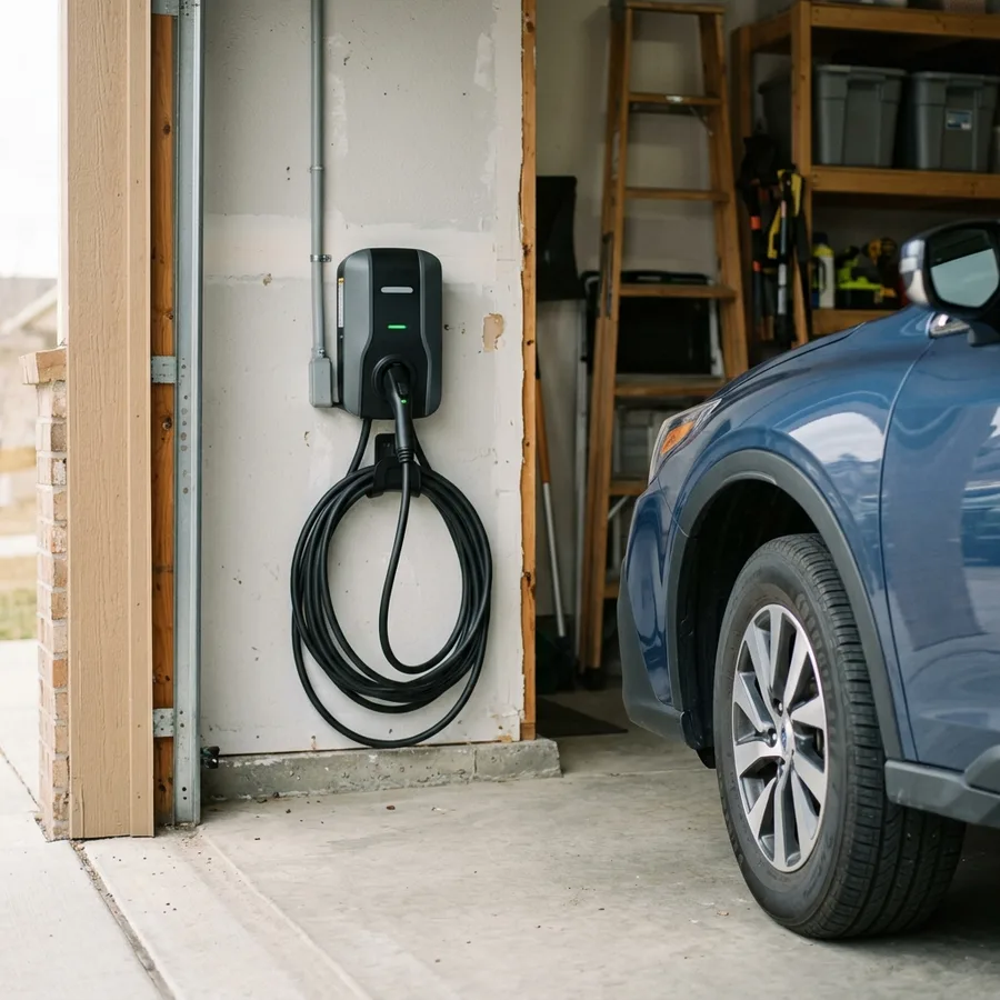 A wall-mounted EV charger on a garage wall beside a parked car, the cable coiled on its hook