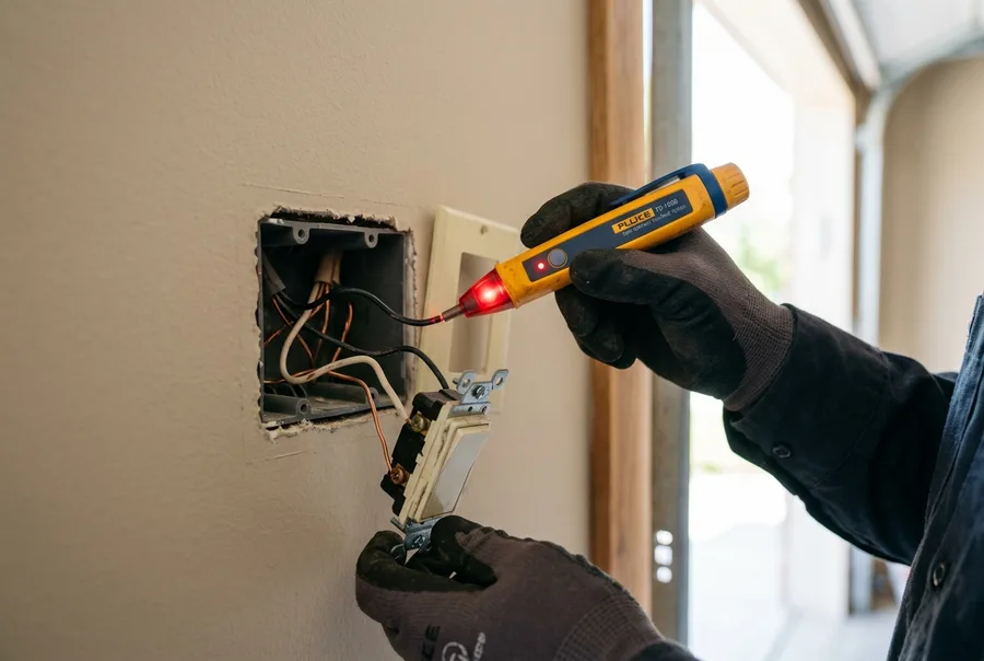Hands holding a voltage tester against an open switch box