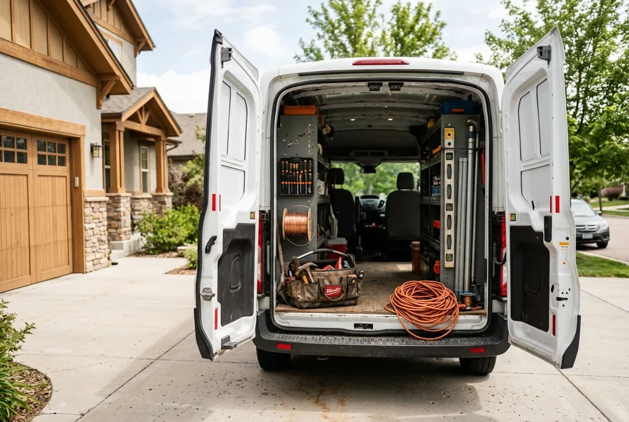 A work van with its rear doors open in a residential driveway